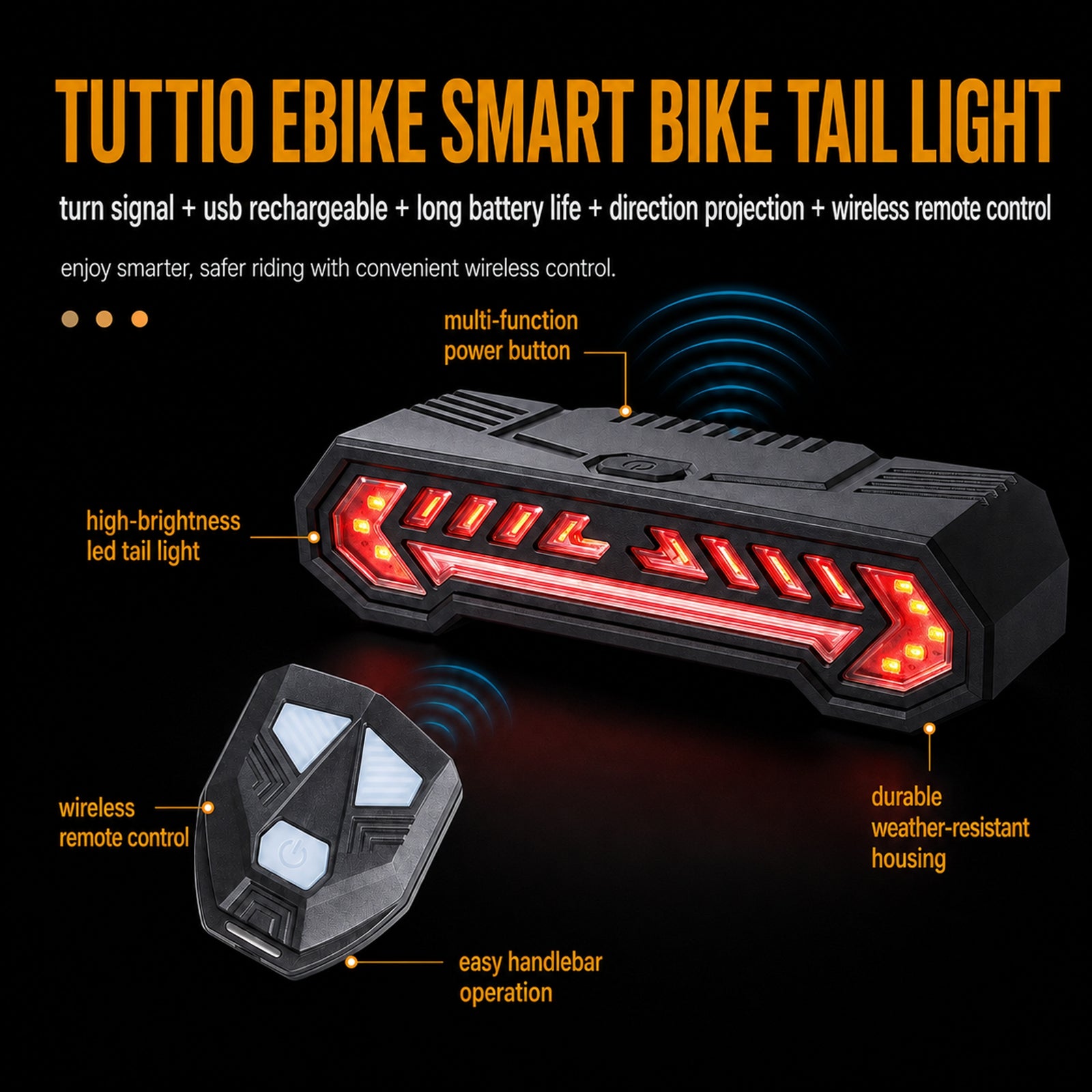 Tuttio Ebike Smart Bike Tail Light with Turn Signals and Brake Light