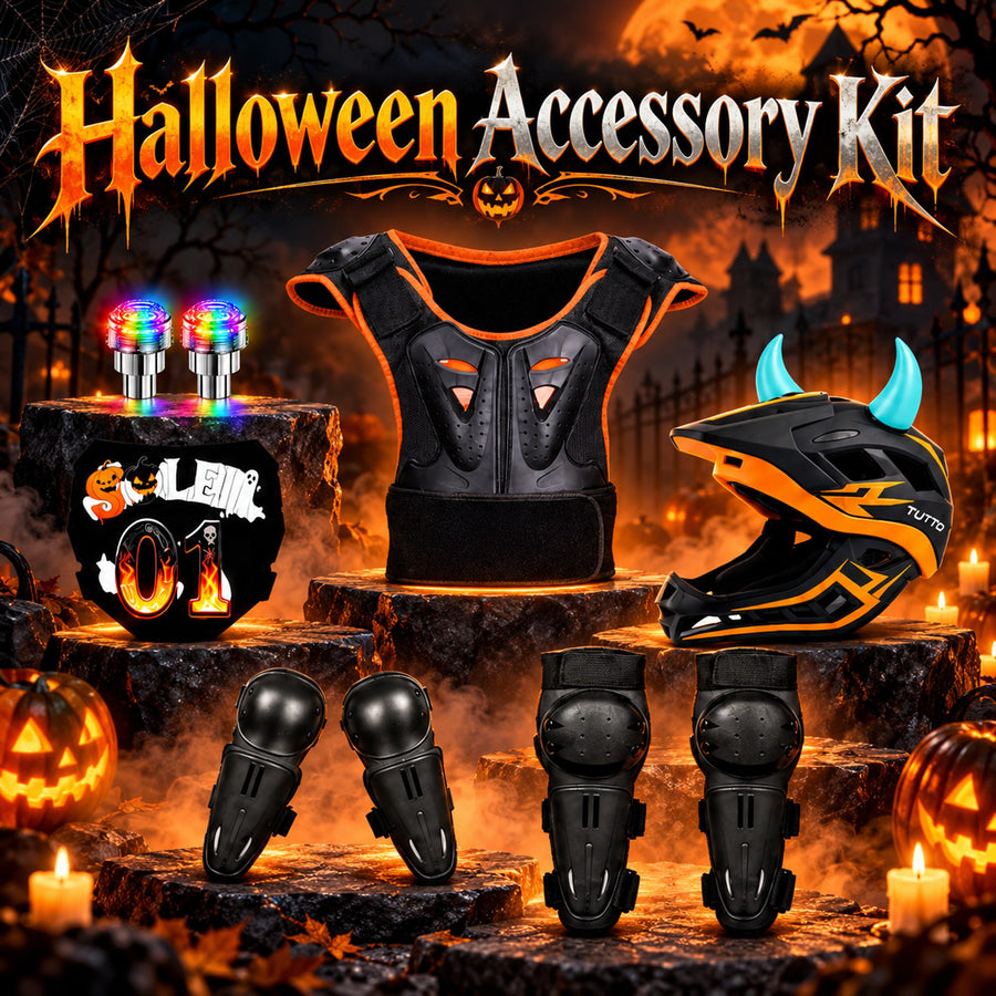 Tuttio eBike Halloween Accessory Kit – Kids Protective Gear, Dirt Bike Helmet, Number Plate & LED Lights