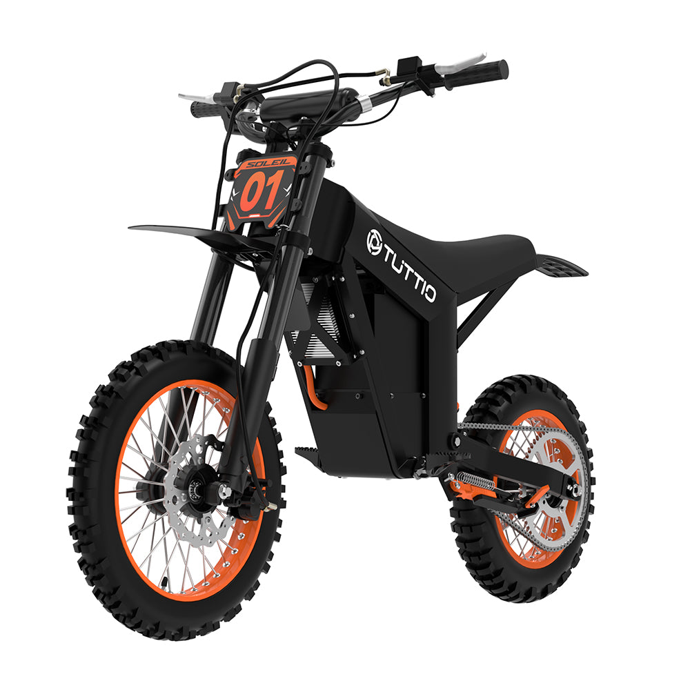 Black and orange Tuttio Soleil01 electric dirt bike in official product photography